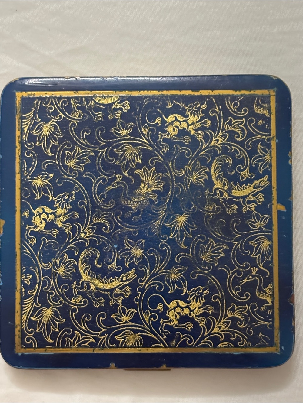 ⁠Vintage Cobalt Blue & Gold Enamel Brass Compact with Mirror